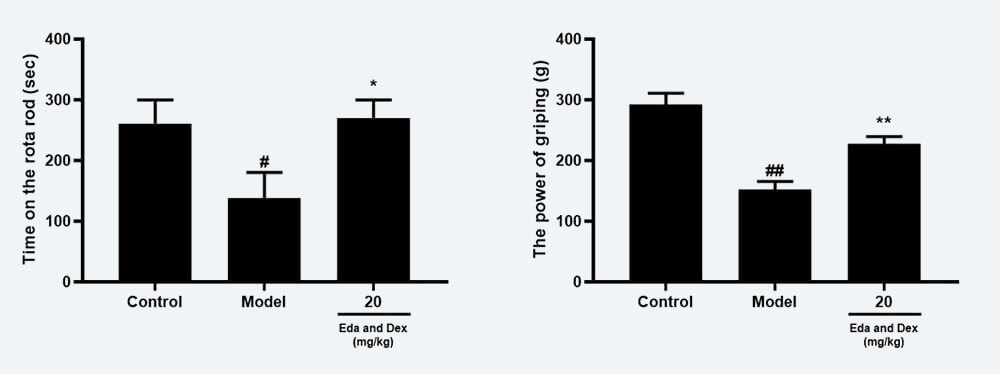神经功能药效学考察：C 转棒滞留时间；D 抓握力（mean±SEM）.jpg